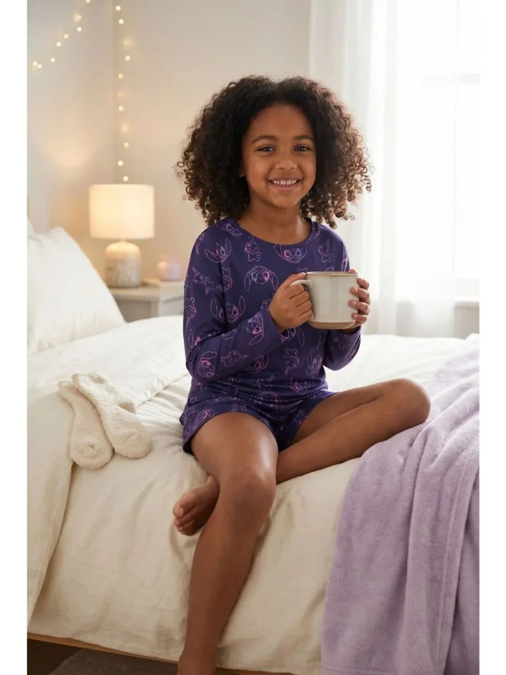 Disney Lilo & Stitch Juniors Pajama Set Long Sleeve Top Shorts Blue NWT Large